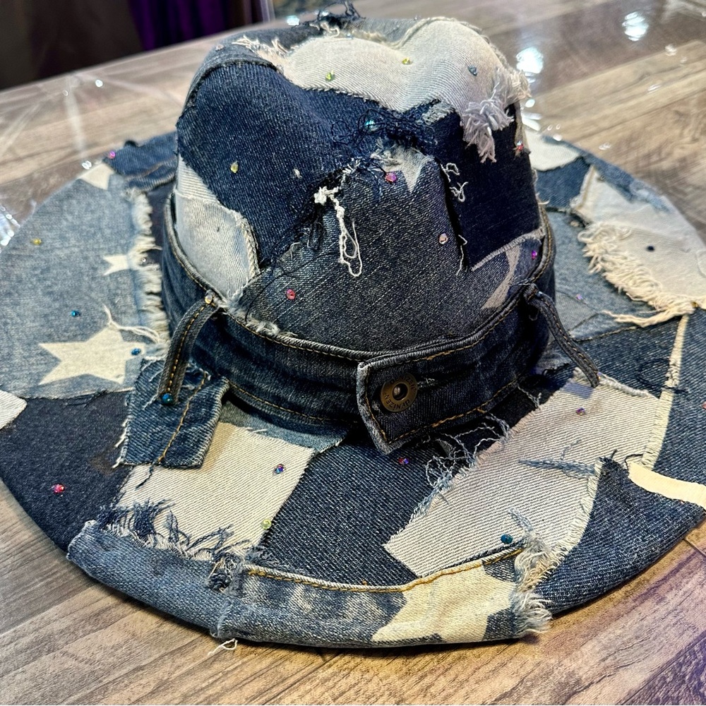 OOAK Distressed Denim Patchwork Hat Australian Crystals